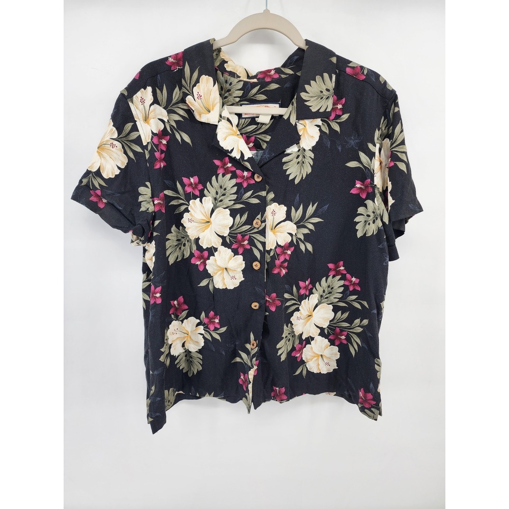 Jamaica Bay Womens XL Black Floral Hibiscus Rayon Hawaiian Camp Shirt Button Up